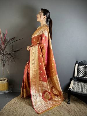 Rust soft banarasi silk zari weaving saree with matching blouse piece 3