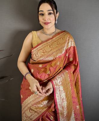Rust soft banarasi silk zari weaving saree with matching blouse piece 4