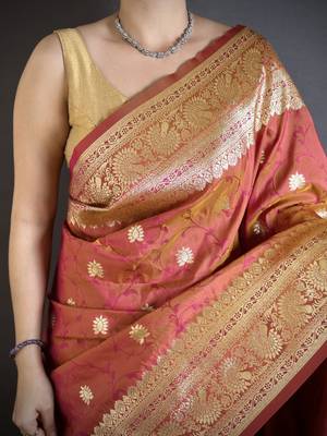 Rust soft banarasi silk zari weaving saree with matching blouse piece 5