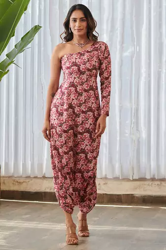 Burgundy printed rayon jumpsuit