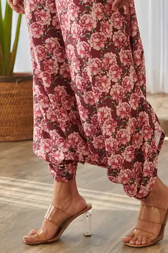 Burgundy printed rayon jumpsuit