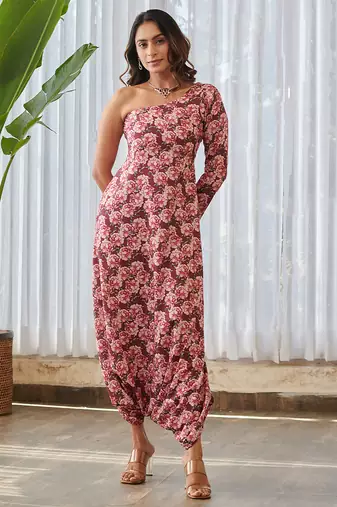 Burgundy printed rayon jumpsuit