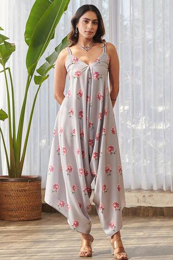 Pale grey printed rayon palazzo jumpsuit