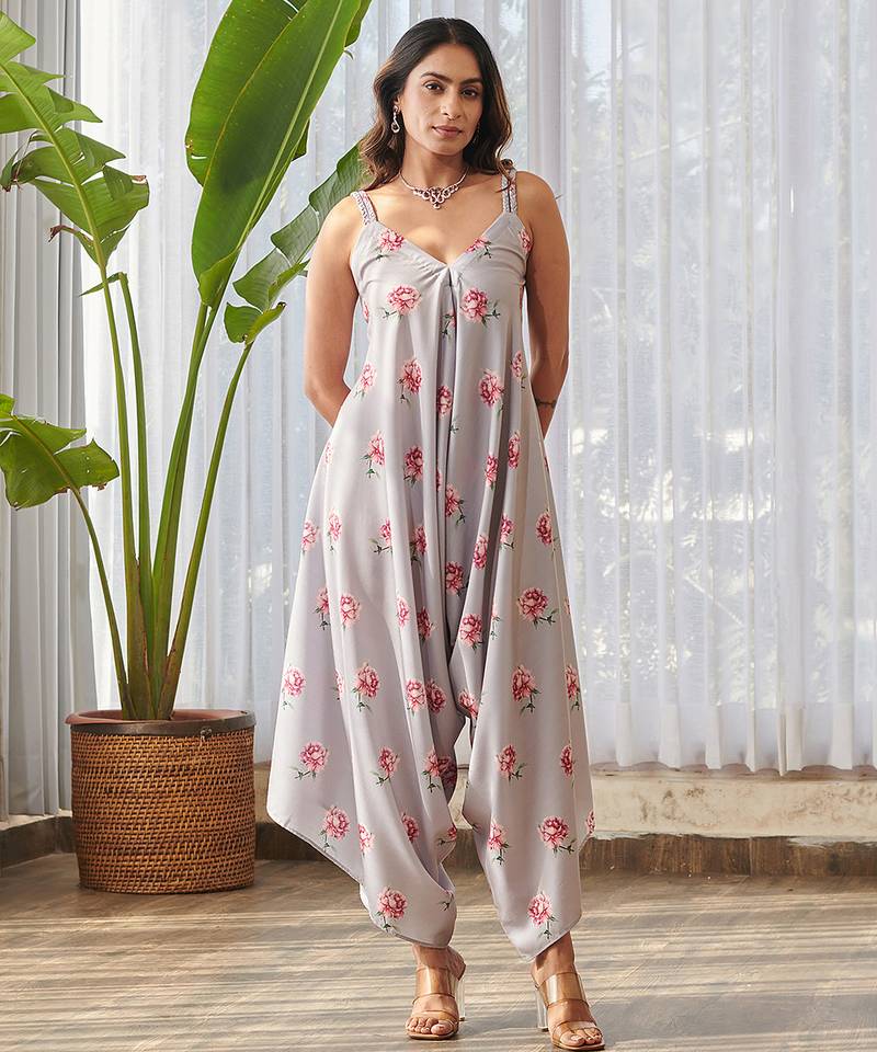 Pale grey printed rayon palazzo jumpsuit