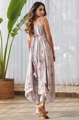 Pale grey printed rayon palazzo jumpsuit