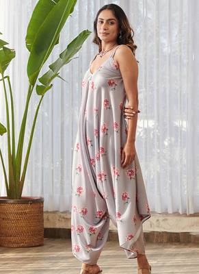 Pale grey printed rayon palazzo jumpsuit 5