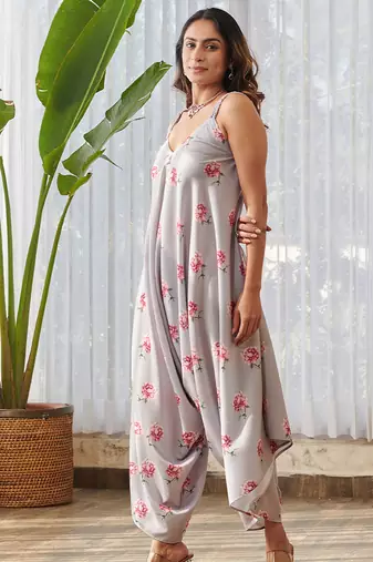 Pale grey printed rayon palazzo jumpsuit