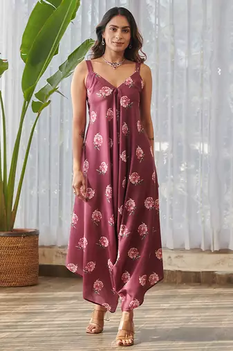 Burgundy printed rayon jumpsuit