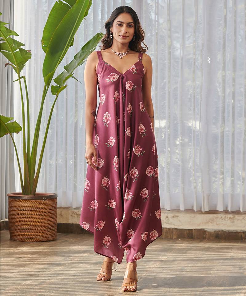 Burgundy printed rayon jumpsuit