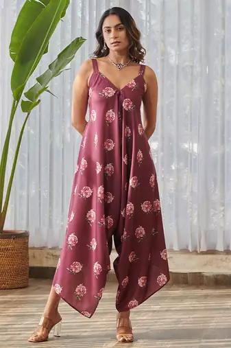 Burgundy printed rayon jumpsuit