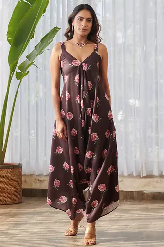 Raisin brown printed rayon jumpsuit