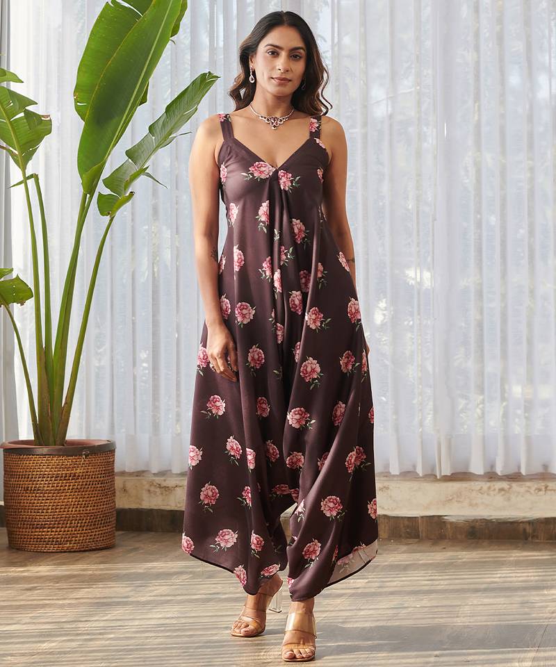Raisin brown printed rayon jumpsuit