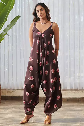 Raisin brown printed rayon jumpsuit