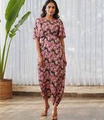Burgundy printed swiss satin jumpsuit