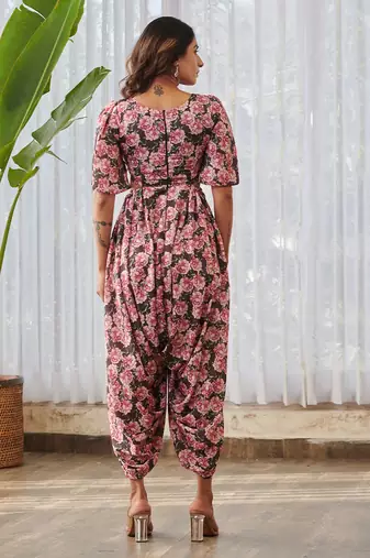 Burgundy printed swiss satin jumpsuit