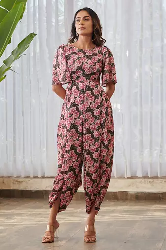Burgundy printed swiss satin jumpsuit