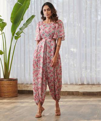 Grey printed swiss satin jumpsuit 1