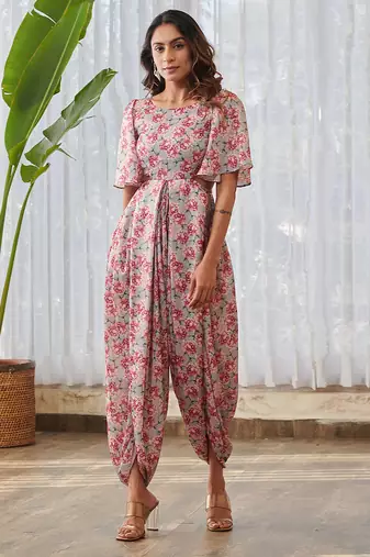 Grey printed swiss satin jumpsuit