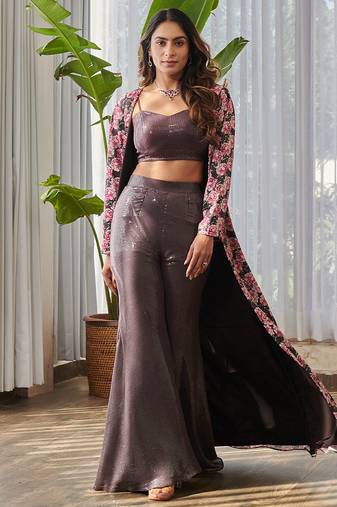 Dark brown embroidered satin fusion co ord set