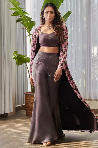 Dark brown embroidered satin fusion co ord set