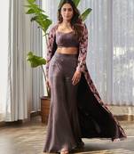 Dark brown embroidered satin fusion co ord set