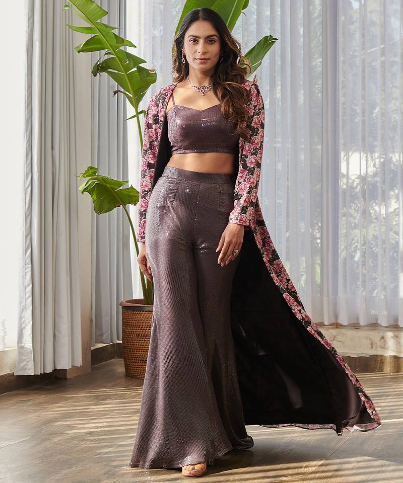 Dark brown embroidered satin fusion co ord set