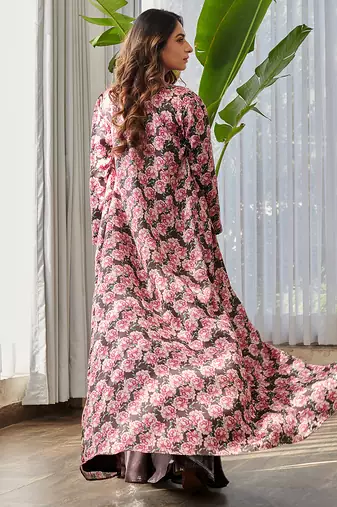 Dark brown embroidered satin fusion co ord set
