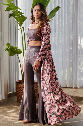 Dark brown embroidered satin fusion co ord set