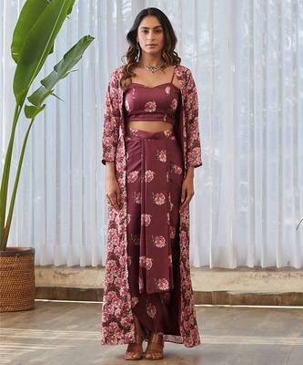 Burgundy printed satin fusion co ord set 1