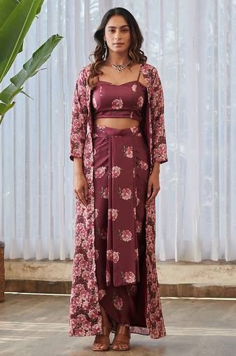 Burgundy printed satin fusion co ord set