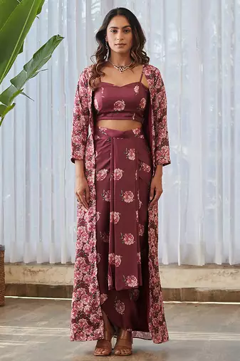 Burgundy printed satin fusion co ord set