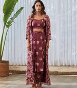 Burgundy printed satin fusion co ord set