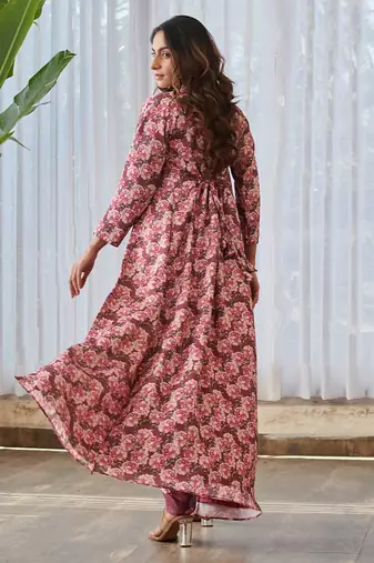 Burgundy printed satin fusion co ord set
