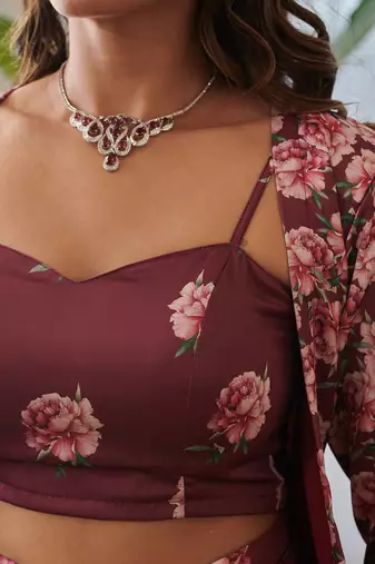 Burgundy printed satin fusion co ord set