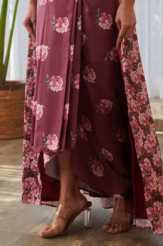 Burgundy printed satin fusion co ord set