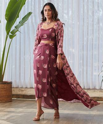 Burgundy printed satin fusion co ord set 5