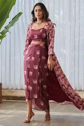 Burgundy printed satin fusion co ord set