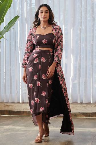 Dark brown printed satin fusion co ord set