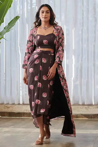 Dark brown printed satin fusion co ord set