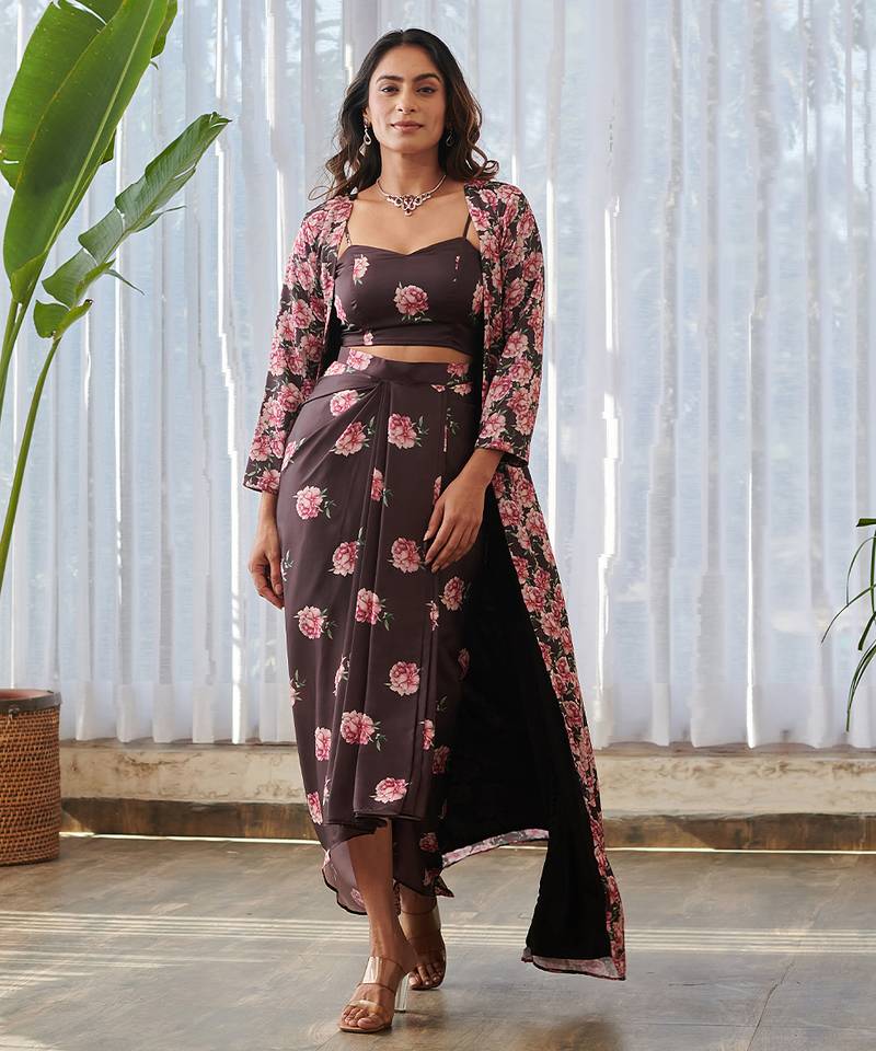 Dark brown printed satin fusion co ord set