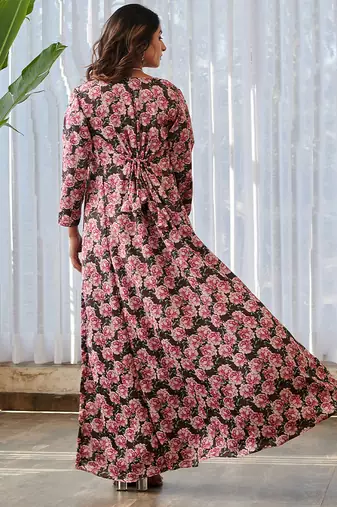 Dark brown printed satin fusion co ord set
