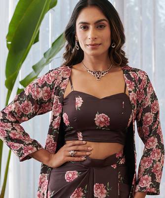 Dark brown printed satin fusion co ord set 3