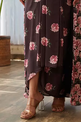 Dark brown printed satin fusion co ord set