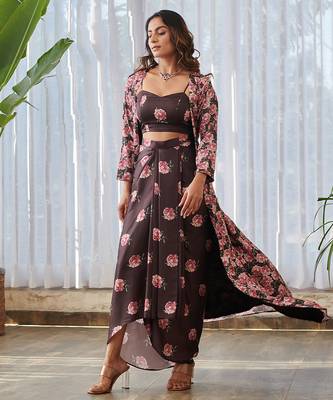 Dark brown printed satin fusion co ord set 5