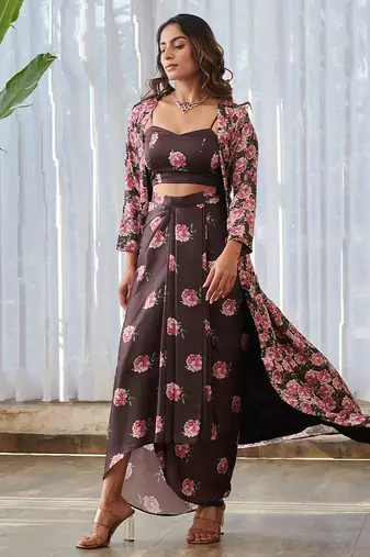 Dark brown printed satin fusion co ord set