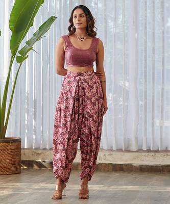 Burgundy embroidered satin fusion co ord set 1