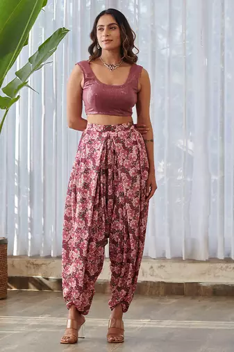 Burgundy embroidered satin fusion co ord set