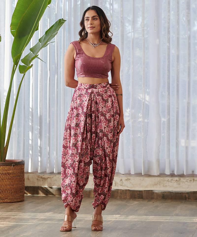 Burgundy embroidered satin fusion co ord set