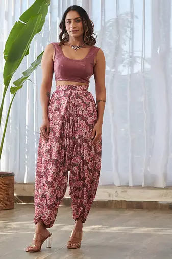 Burgundy embroidered satin fusion co ord set