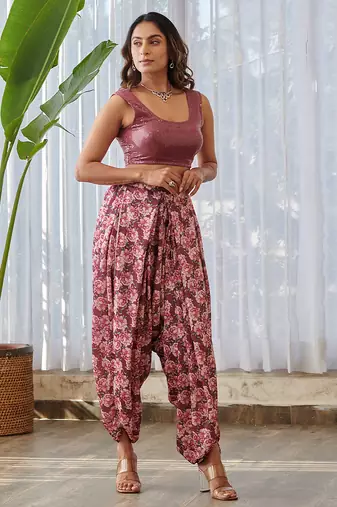 Burgundy embroidered satin fusion co ord set
